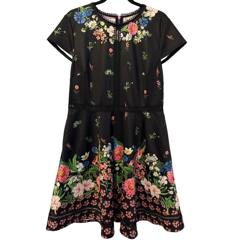 Ted Baker Daissie Florence Trim Skater Dress Black Pink Floral Sz 5 US sz 12